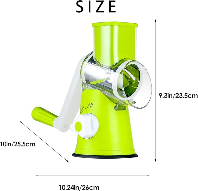 Cheese Grater Hand Crank, Rotary Vegetable Shredder with Handle and Strong Suction base, 3 in 1 Kitchen Speed Spin Veggie Slicer Nut Grinder for Pizza Top, Hash brown, Salad and More (Green)