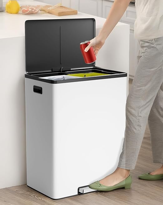 Garvee Dual Trash Can for Recycling and Trash, Stainless Steel Kitchen Trash Can with Lid and Foot Pedal, Double Compartment Garbage Can, with Recycling Bin