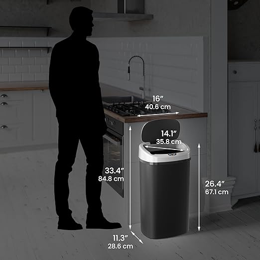 iTouchless 13 Gallon Sensor Kitchen Trash Can with Lid and Odor Filter, Durable Dent-Proof Plastic Automatic Waste Basket Garbage Bin Great for Home, Office, Business, Slim Space-Saving, Oval, Black
