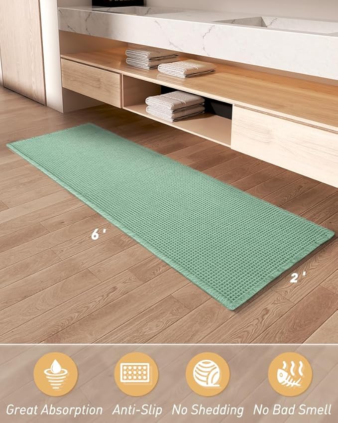 AMOAMI Upgraded Waffle Runner Rug Super Absorbent Non Slip Bath Mats for Bathroom Machine Washable Bathroom Runner Rug with Tassels, Ideal for Hallway Bedroom Laundry Room, 2'x 6'(24" x 72"), Sage