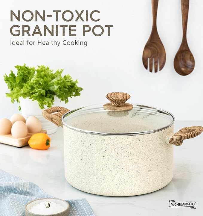 MICHELANGELO 10 Quart Stock Pot with Lid, Large Pot for Cooking, Nonstick Cooking Pot with Healthy Coating, Big Soup Pots Induction Compatible, White
