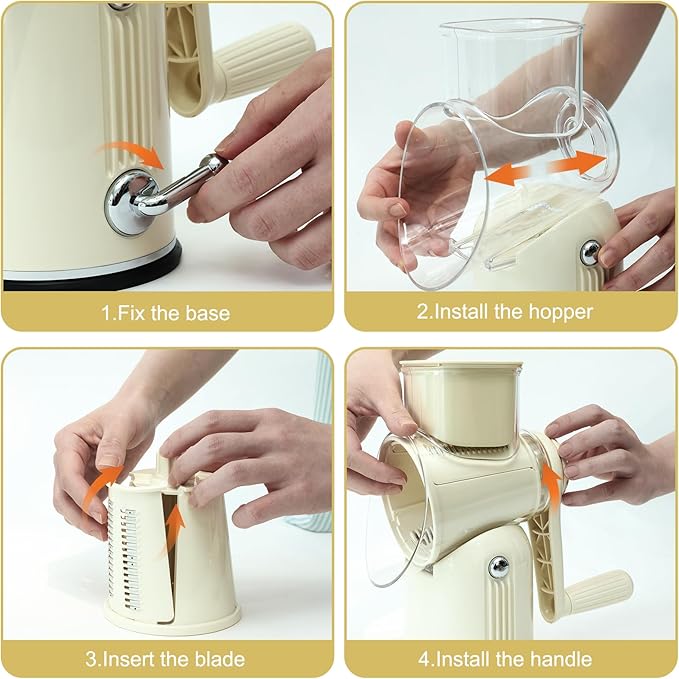 Rotary Hand Crank Cheese Grater, 5-in-1 Replaceable Stainless Blades Vegetable Shredder with Handle and Strong Suction Base, Easy-Clean Multipurpose Kitchen Slicer with Blade Storage Box(White)
