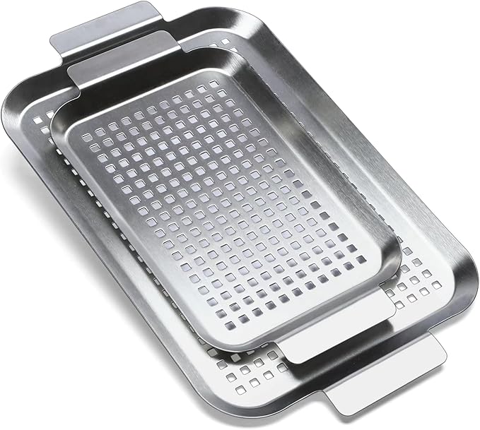 Grill Pan Set of 2, BBQ Grill Topper for Outdoor Grill, Stainless Steel Grilling Baskets with Holes and Handles, Perforated Food Tray Barbecue Accessories for Vegetable, Fish, Meat, Seafood