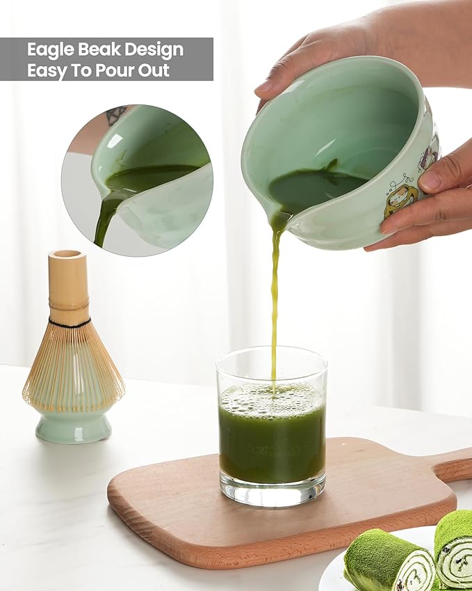 Matcha Whisk Set 7 Pcs Ceramic Matcha Set Includes 15oz Bowl with Spout,Bamboo Whisk & Holder, Scoop, Scoop Rest Sifter & Tea Towel, Complete Matcha Tea Set for Beginners-Green