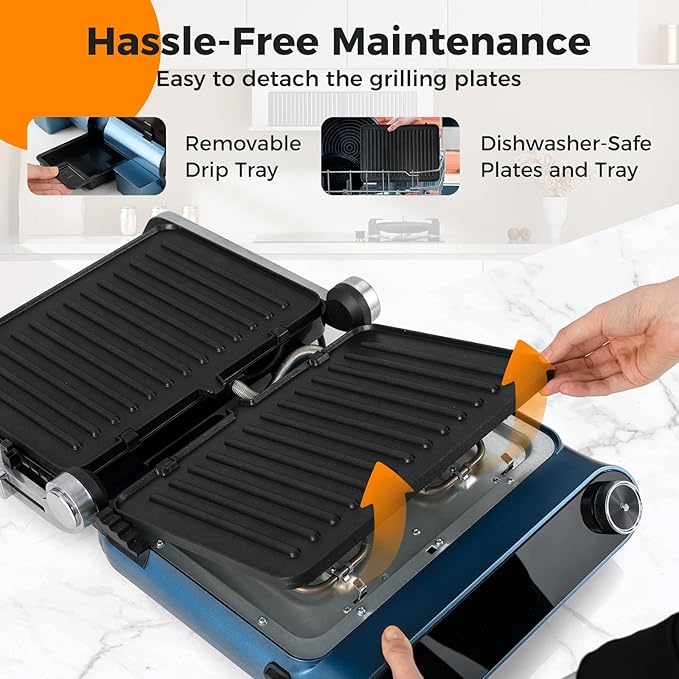 Happygrill 3 in 1 Panini Press Electric Indoor Grill & Sandwich Maker,1200W Open Flat Griddle w/ 2 Removable Non-Stick Dishwasher-Safe Plates,LED Display,7 Modes,Independent Temp Control & Drip Tray