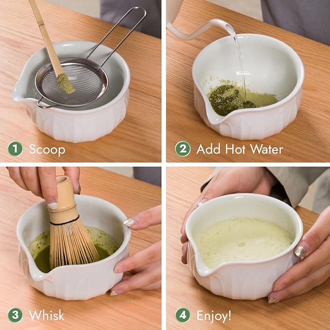 Matcha Whisk Set - 7pcs Japanese Tea Ceremony Kit with Spouted Bowl & Bamboo Whisk, Matcha Starter Kit for Beginners - Authentic Green Tea Accessories, Gift Set for Lovers-White