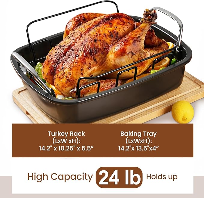 Large Nonstick Roasting Pan Kit with Rack (17x13 Inch) - Includes Baster, Pastry Brush & Twine for Turkey, Chicken, Ham - Even Heating, Easy Clean, Dark Grey (Large-Set-17.2'' x 13.5'')