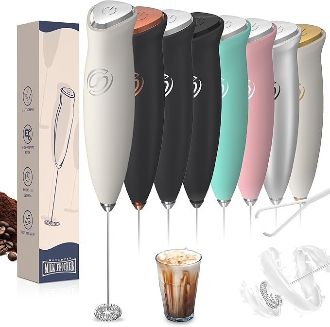 Milk Frother Wand Coffee Frother Handheld Drink Mixer Handheld with 2 Whisks Electric Whisk Stirrers Electric Milk Frother for Coffee Mixer Wand Milk Foamer-White