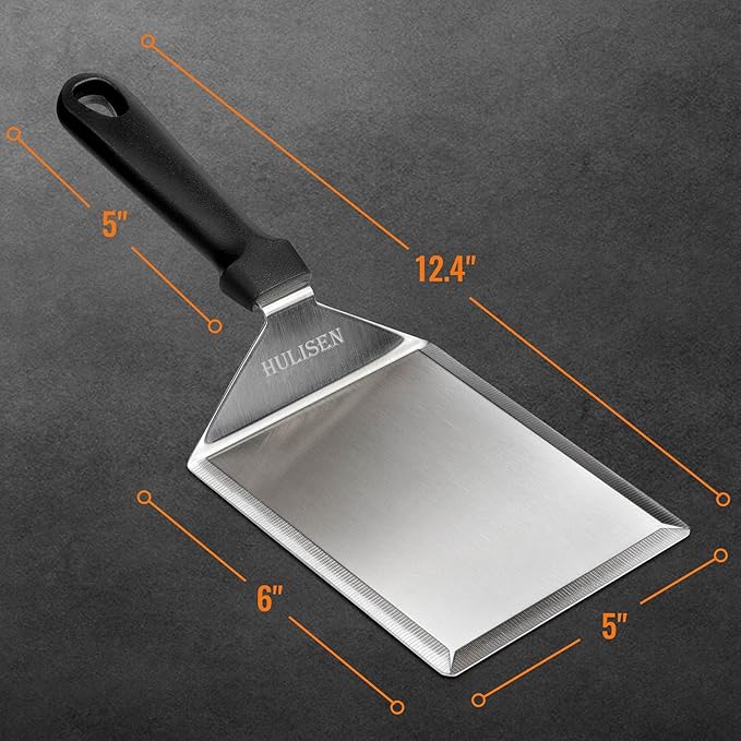 HULISEN Stainless Steel Spatula 2 pcs, 6 x 5 Inch Large Metal Spatula with Cutting Edges, Griddle Spatula for Smashed Burger, Essential Flat Top Grill Accessories, Grill Spatula for Outdoor Grill