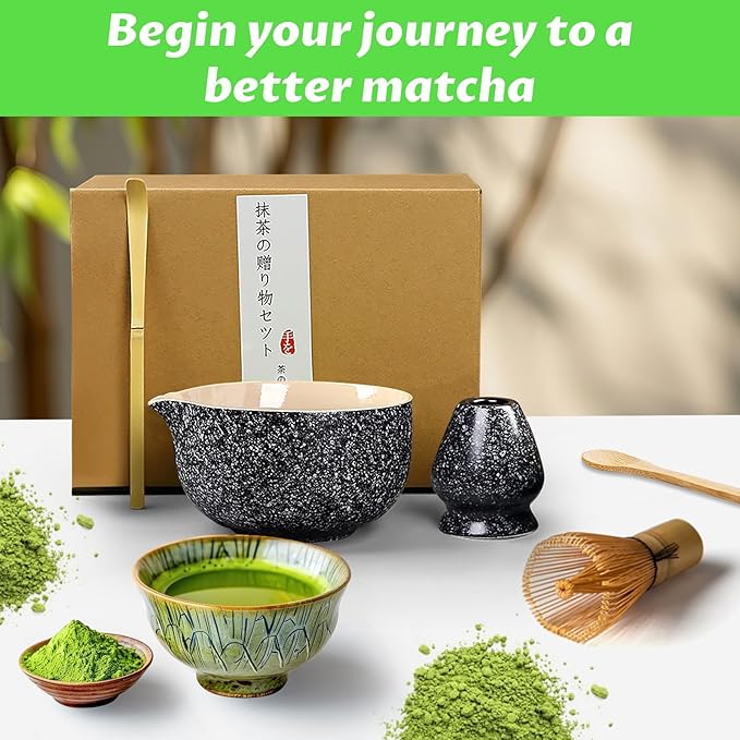 Matcha Set, 6 Pcs Matcha Whisk Set with 20 oz Bowl, Bamboo Whisk for Matcha Tea, Matcha Bowl, Ceramic Matcha whisk Holder, Stainless Sifter and Scoop - Gift for matcha kit Lovers(Black)