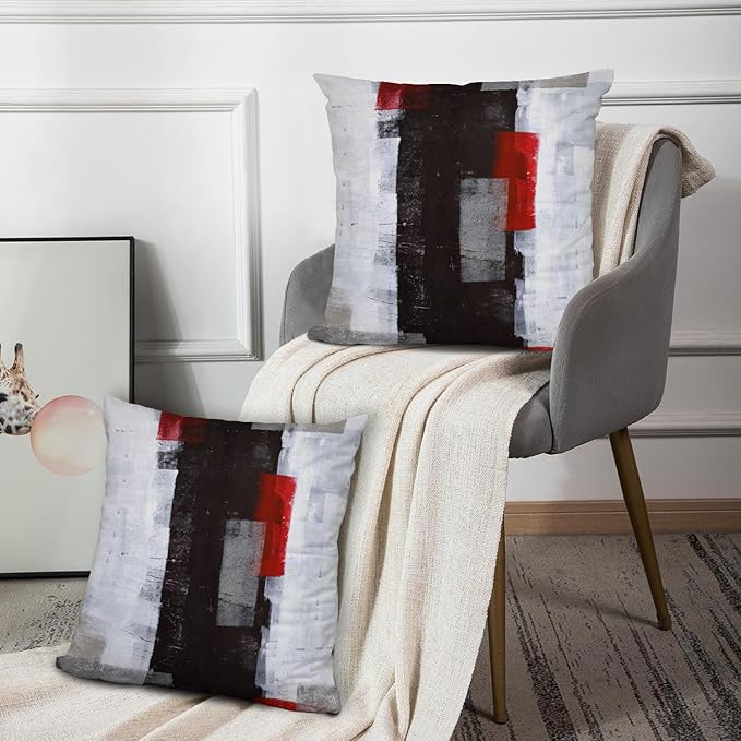 Red and Grey Pillow Cover, Modern Black White Decorative Throw Pillow Cushion Cover for Bedroom Sofa Living Room 20 x 20 Inch Set of 2