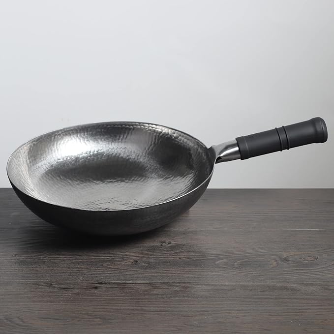 Wok Pan Nonstick Chinese Hand Hammered Woks and Stir Fry Pans Non-stick Carbon Steel Wok Utensils No Coating(13.3 Inch, Round Bottom) 1.8 mm thickness