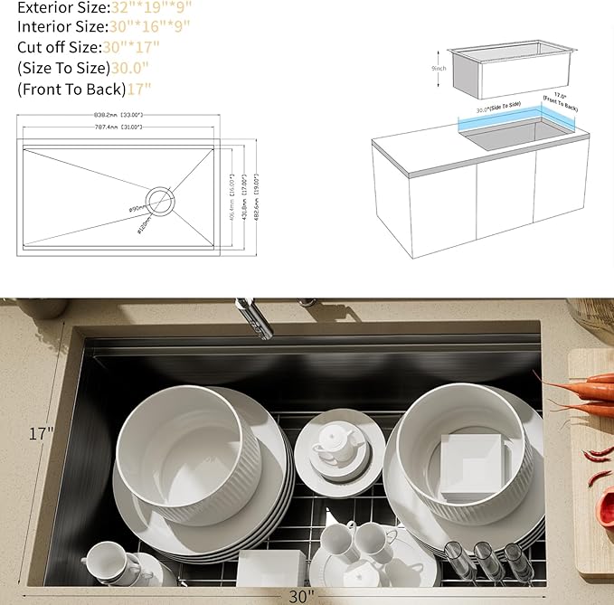 32 Inch Undermount Black Stainless Steel Kitchen Sinks,32x19x9 Inch Deep Single Bowl KitchenSink, 16 Gauge Workstation Kitchen Sink, Modern Undermount Kitchen Sink with Ledge and Accessories