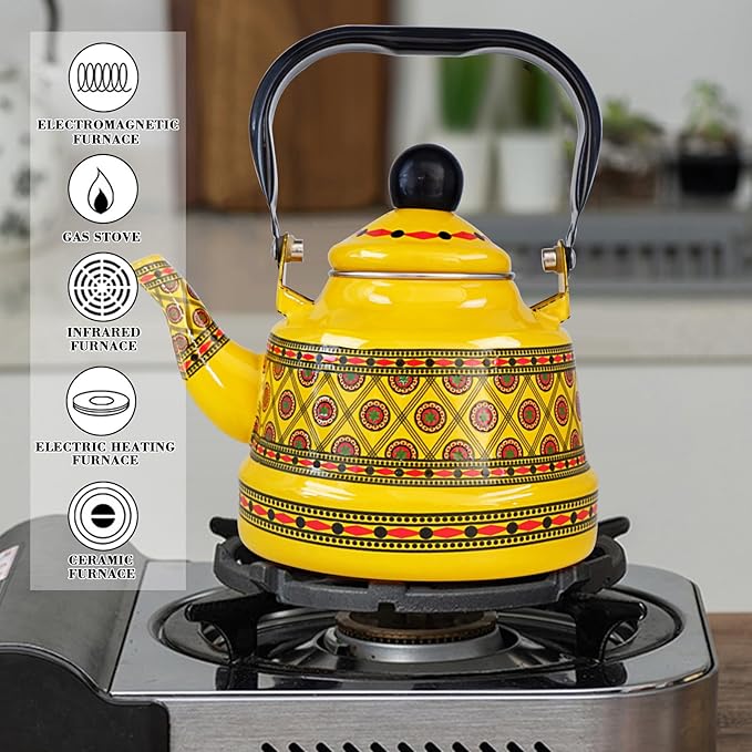 1.1L Arab style Vintage Tea Kettle,Enamel Tea Kettle with Handle,Enameled Teapot Stovetop,Hot Water Kettle for Home Kitchen Decor, No Whistling (Yellow)