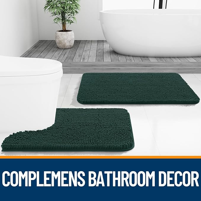 OLANLY Bathroom Rugs Sets 2 Piece, Soft Absorbent Chenille Bath Mats and U-Shaped Contour Toilet Mat Area Rug Set, Machine Washable Bath Carpet, Home Decor Accessories(36"x24"+24"x20", Blackish Green)