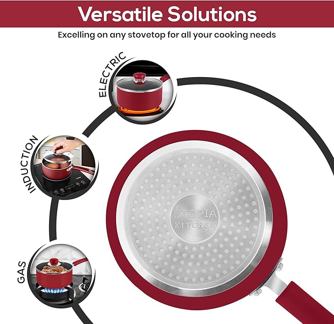 Utopia Kitchen Nonstick Stock Pot Saucepan Set with Lids, 1 Quart and 2 Quarts Multipurpose Stock Pots Set for Home, Kitchen or Restaurant, Red & Black