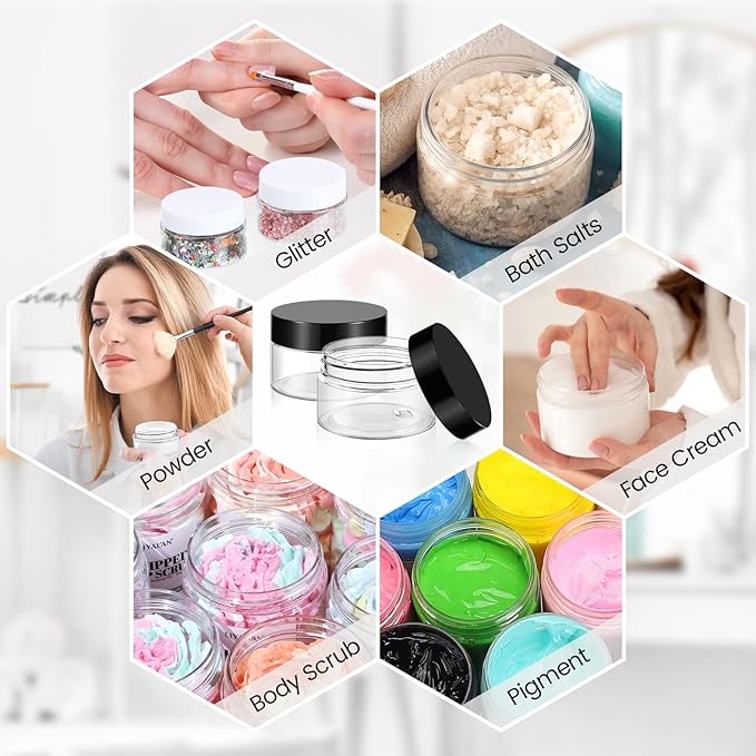 TUZAZO 48 Pack 1 Oz Small Plastic Container Jars with Lids and Labels BPA Free, Empty Round Clear Cosmetic Containers Plastic Slime Jars for Lotion, Cream, Ointments, Samples, Travel Storage (48)