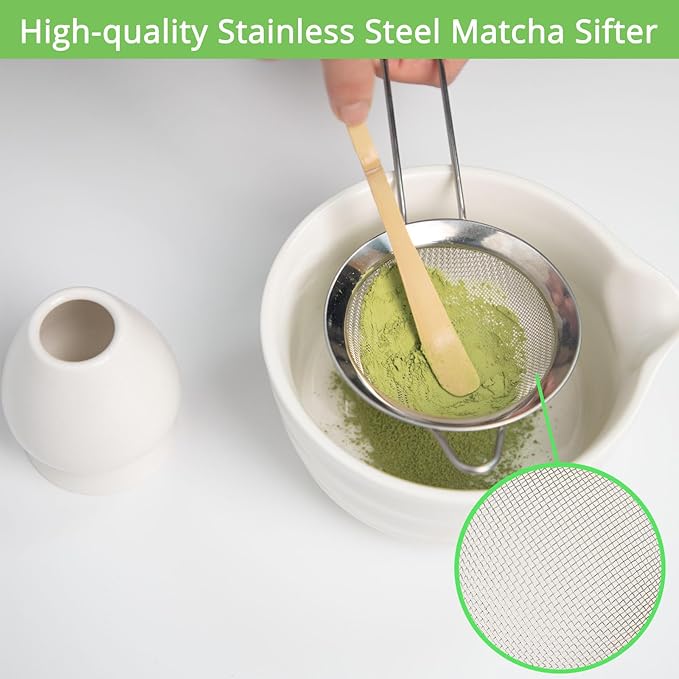 Matcha Whisk Set, White Matcha Kit with Bowl, Whisk, Bamboo Scoop, Scoop Rest, Sifter - 5 Pcs Kit for Lover