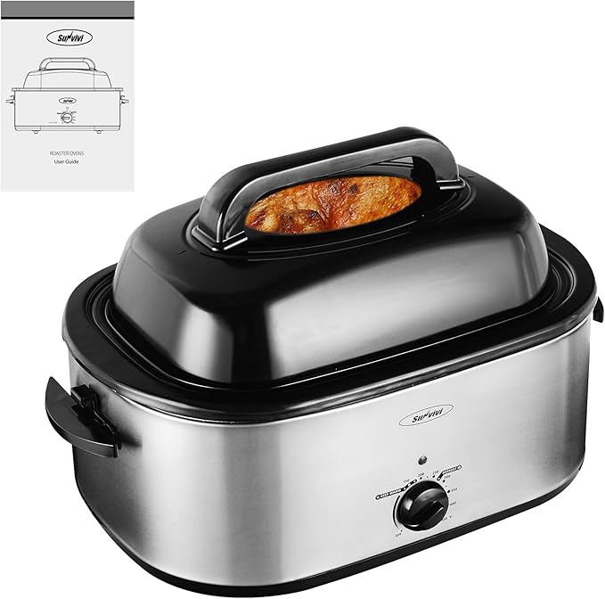 Roaster Oven, Electric Roaster Oven with Viewing Lid, Large Roaster with Removable Pan & Rack, Turkey Roaster with Unique Defrost/Warm Function, Stainless Steel, Sliver, 22QT