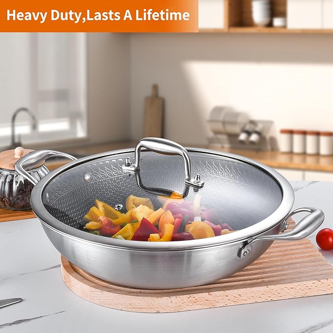 DELARLO Wok Pan With Lid 12 Inch Non stick wok,Oven Safe Up to 600℉,Woks & Stir-Fry Pans Nonstick,Tri-Ply Stainless Steel Wok, 5QT Nonstick Deep Frying Pan, Induction Saute Pan With Lid