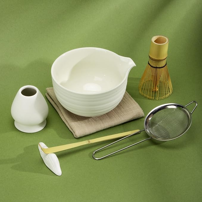 Matcha Tea Set 7 Pcs,Japanese Ceramic Bowl,Bamboo Matcha Whisk (Chasen), Scoop (Chashaku),Stainless Steel Sifter,Whisk Holder (white),Tea Towel