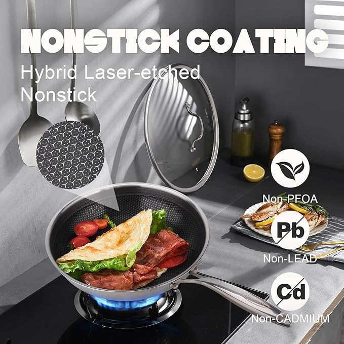 Hybrid Non Stick Wok, 13 inch Frying Pans Nonstick, Stainless Steel woks, PFOA Free Cookware, Dishwasher and Oven Safe, Induction Compatible