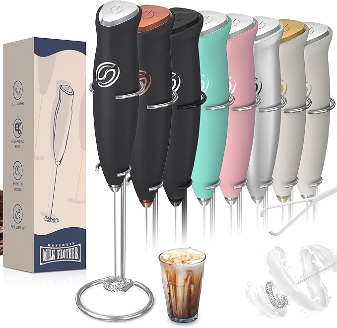 Milk Frother With Stand Milk Frother Wand Coffee Frother Handheld Drink Mixer Handheld with 2 Whisks Electric Whisk Stirrers Electric Milk Frother for Coffee Mixer Wand Milk Foamer-Black