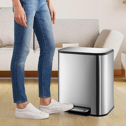 5.3 gal Kitchen Trash Can, 20 L Stainless Steel Garbage Can with Soft-Close Lid, Rectangular Waste Bin with Inner Bucket for Home Office Living Room