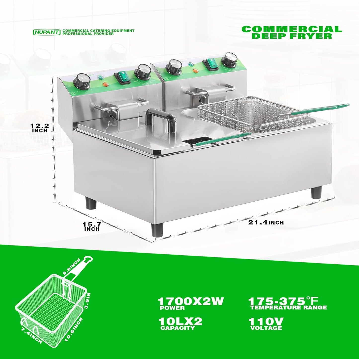 20L/21.2QT Commercial Deep Fryer with Timer Dual Tank Electric Countertop Fryer with Double Baskets and Lids, Temp Control, 3400W/110V Stainless Steel Large Deep Fryer for Restaurant Kitchen