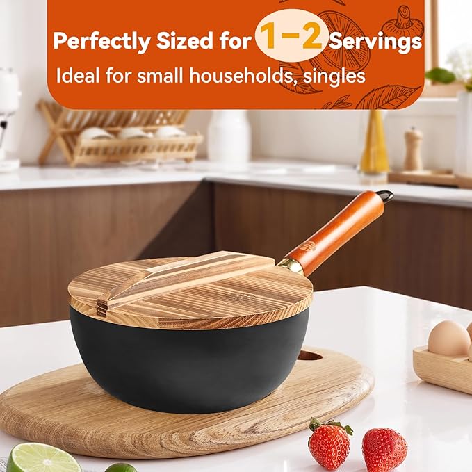 WANGYUANJI 8.7" Small Iron Wok with Solid Wood Lid & Wok Spatula, Deep Frying Pan/Pot, Flat-Bottom, Uncoated & Unseasoned, Induction/Gas/Electric Compatible, Wooden Handle, 2.2-QT