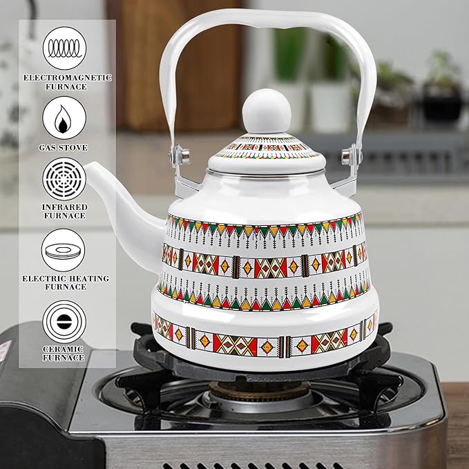 1.1L Arab style Vintage Tea Kettle,Enamel Tea Kettle with Handle,Enameled Teapot Stovetop,Hot Water Kettle for Home Kitchen Decor, No Whistling (White)