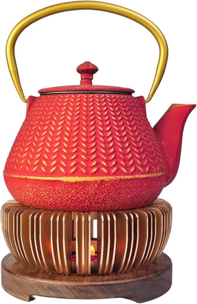 Tea Set with 33.8oz Small Cast Iron Tea Pot and 5.9" Teapot Warmer, YJX Aluminum Alloy Tea Warmer for Tea Kettle, Candle Heater for Heating Tea, Coffee and Milk