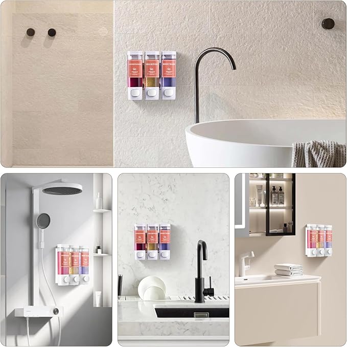 Shampoo and Conditioner Dispenser Wall Mounted Shower Soap Dispenser No Drill Shampoo Dispenser for Shower 3 Chamber Bathroom Body Wash Shower Gel Holder White