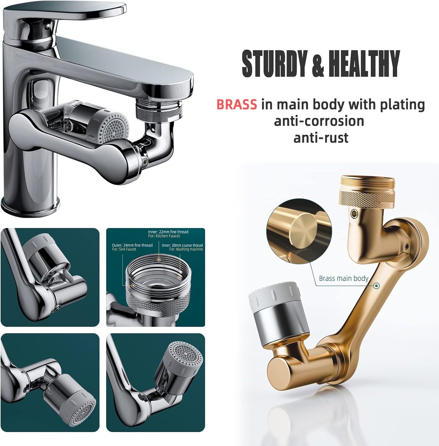 Swivel Sink Faucet Extender with 3 Axis Rotation, Butalso 3 Way Foldable Splash Filter Faucet Aerator, Kitchen/Bathroom Sink Adapter Sprayer Attachment for Gargle, Eyewash and Rinse