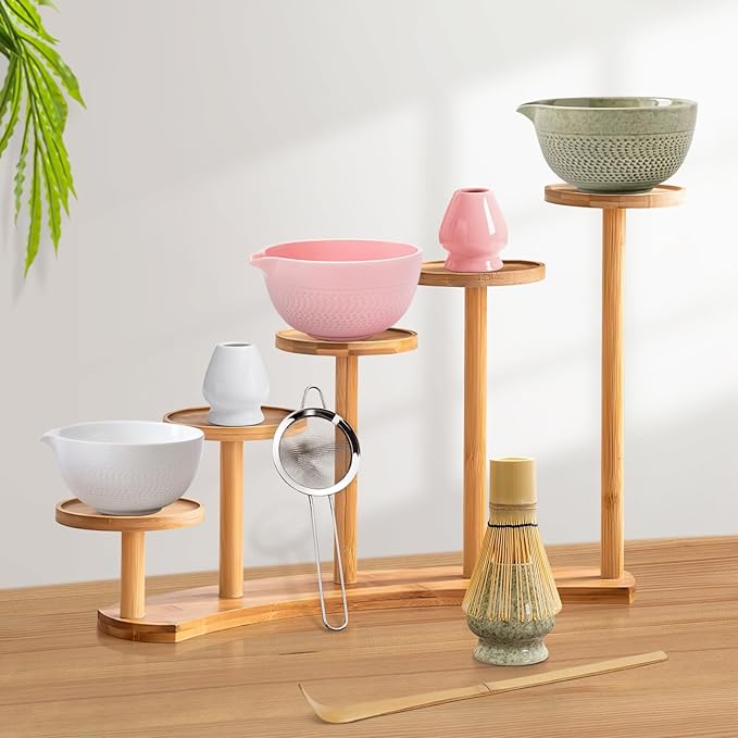 Matcha Whisk Set Pink, Ceramic Matcha Set Included Matcha Bowl with Spout, Matcha Whisk and Holder, Sifter, Bamboo Scoop, 5 Pcs Matcha Bowl and Whisk Kit for Matcha Lovers for Birthday Christmas