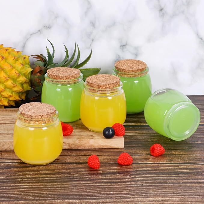 40 Pack 7 oz Glass Yogurt Jars with Cork Lids and PE Lids, Small Glass Pudding Jars, Glass Jars for Wedding Favors, Milk, Jams and DIY Gift, Label, Tags and Twine included