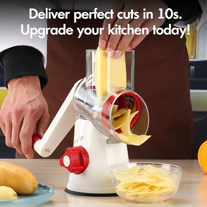 Rotary Cheese Grater Hand Crank, 3 in 1 Round Mandoline Slicer Potato Shredder Speed Vegetable Grinder for Nuts, Carrot, Hashbrown, Walnut, Cucumber, Chocalate (White Red)