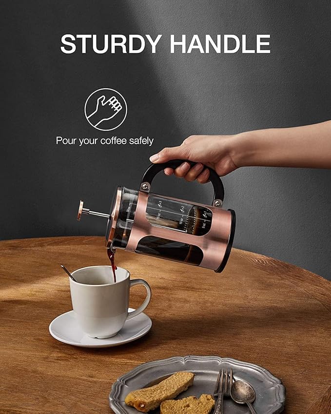 BAYKA 21 Ounce 0.6 Liter French Press Coffee Tea Maker Small, Heat Resistant Thickened Borosilicate Glass Stainless Steel Single Serve Brewer, Cold Brew Cafetera Teapot, Copper
