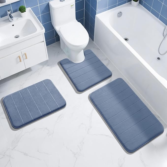 Yimobra Memory Foam Bath Mat, Super Soft Absorbent Bathroom Rug Non Slip 24x17 Inch, Quick Dry, Machine Washable Floor Carpet for Tub Shower, Home Decor Accessories, Denim Blue
