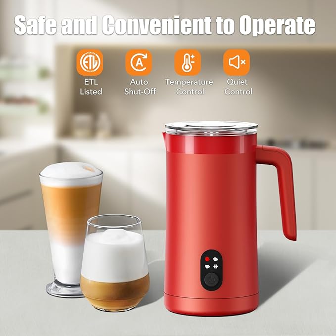 Milk Frother, 4-in-1 Electric Milk Steamer and Frother, 13.5oz/400ml Automatic Large Capacity Warm and Cold Foam Maker, Milk Warmer and Coffee Frother for Latte, Cappuccino, Macchiato(Red)