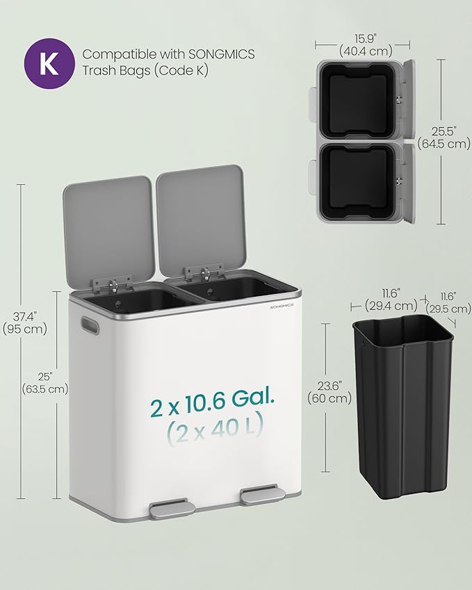 SONGMICS Trash Can, 2 x 10.6 Gallon (2 x 40 L) Garbage Can for Kitchen, with 15 Trash Bags, 2 Compartments, Plastic Inner Buckets and Hinged Lids, Airtight, White and Gray ULTB730W80