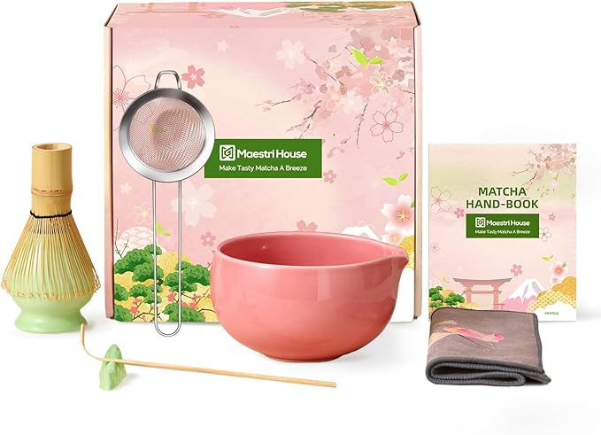 Maestri House Matcha Whisk Set, 7 Pcs Ceramic Matcha Kit with Spouted Bowl, Matcha Whisk & Holder, Bamboo Scoop, Scoop Rest, Sifter & Cloth – Complete Matcha Gift Set for Beginners & Tea Lovers(Pink)