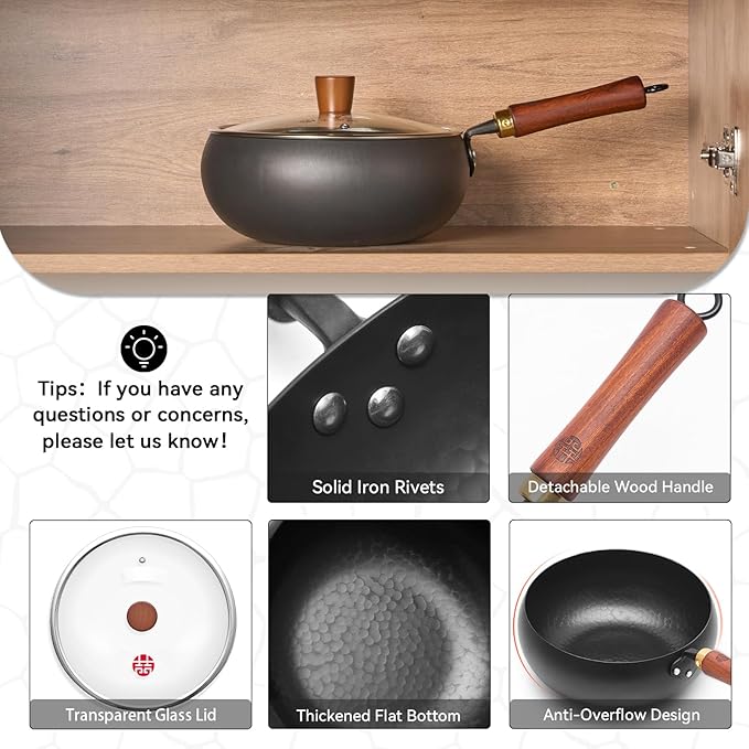Wrought Iron Flat Bottom Wok with Glass Lid – Detachable Wooden Handle, Non-Coated Naturally Nonstick Frying Pan for Gas, Electric & Induction Stoves (Black Deep-Bowl Wok, 9.5 inch)