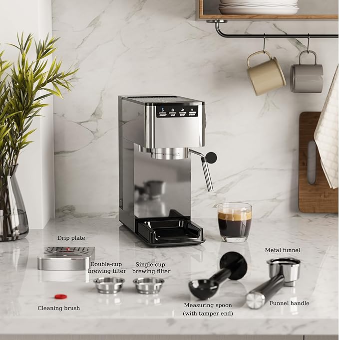Kismile Espresso Machine 20 Bar, Espresso Maker with Milk Frother Steam Wand, Compact Cappuccino & Latte Machine with 40oz Removable Water Tank for Home, Stainless Steel