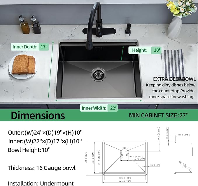 Undermount Kitchen Sink, 24 x 19 Inch Sink Kitchen 16 Gauge Stainless Steel Kitchen Sinks Gunmetal Black Single Bowl Workstation Sink with Cutting Board