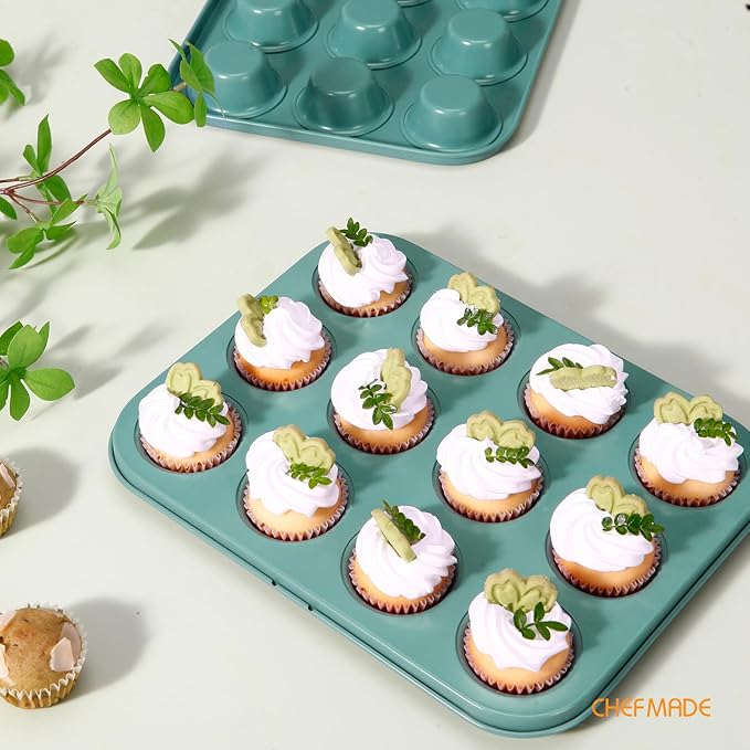CHEFMADE Mini Muffin Cake Pan, Nonstick 12 Cavity Mini Muffin Bakeware Cupcake Pan for oven Baking(Green)