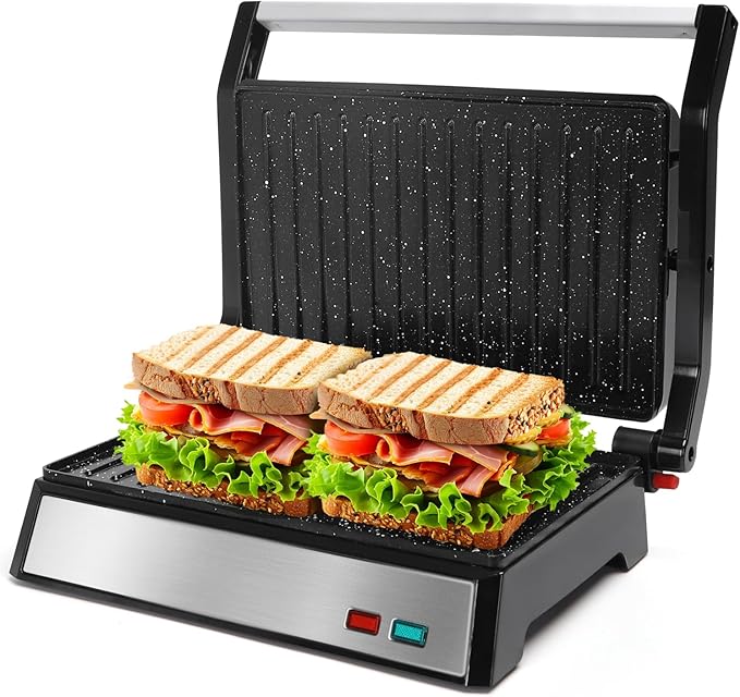 Aigostar Panini Press, 1200W Sandwich Maker and Electric Indoor Grill with Ceramic Non-Stick Coated Plates, Opens 180°to Fit Any Size of Food, Stainless Steel Surface & Removable Drip Tray, Silver