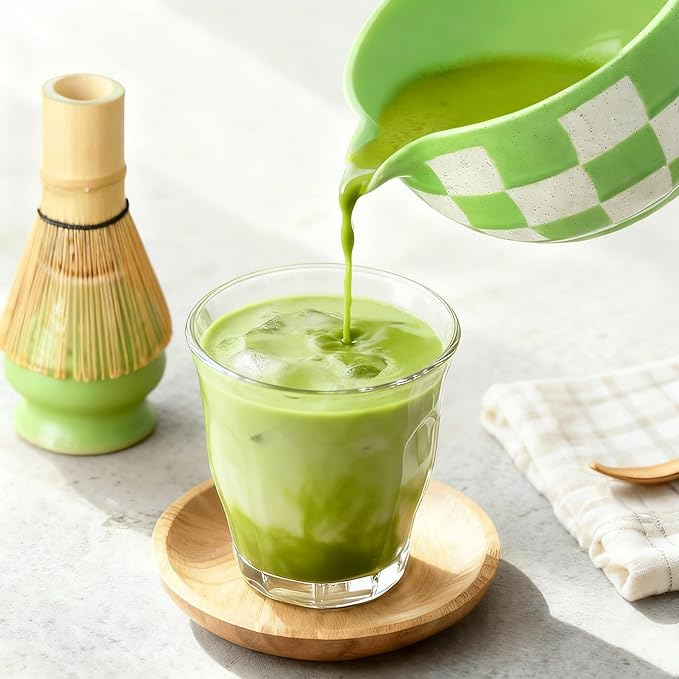 Matcha Whisk Set Gift Box - Matcha Set with Whisk and Bowl, 7 Pcs Matcha Kit Includes Ceramic Matcha Bowl, Bamboo Whisk & Holder, Scoop & Rest, Sifter and Tea Towel, Complete Matcha Making Kit, Green
