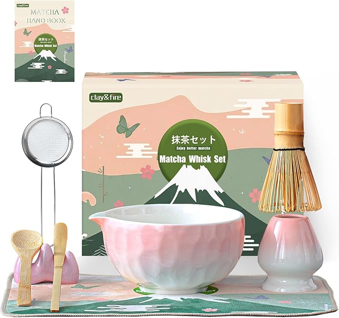 Clay&Fire Matcha Whisk Set,9 Pcs Ceramic Matcha Set, 15 OZ Matcha Bowl with Spout and Whisk,Matcha Kit for Friend, Ideal Gift for Matcha Lover(Gradient Pink)