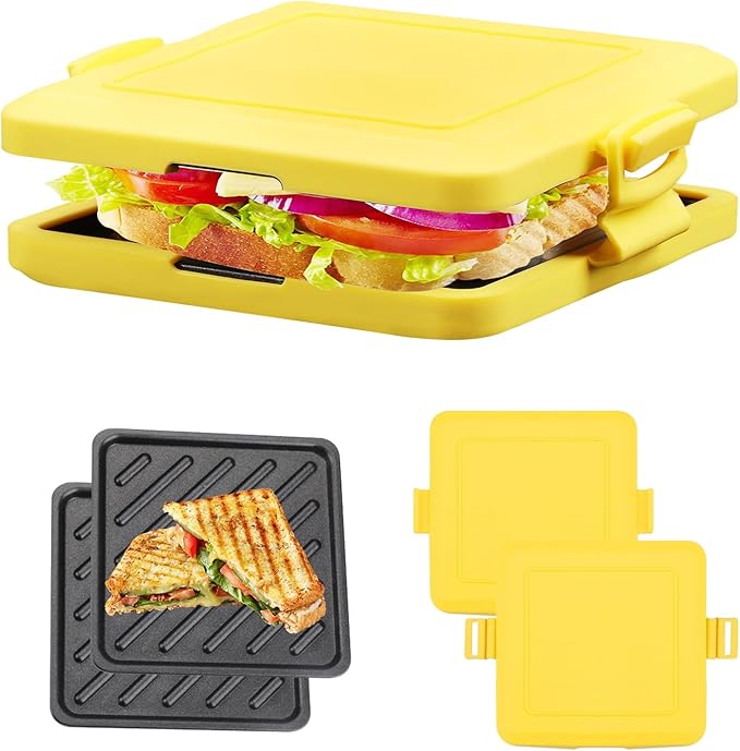 Microwave Toastie Maker, 6.9 * 5.9 * 1.6 Inch Sandwich Maker Time-Saving Grilled Cheese Toaster with Adjustable Silicone Strap Microwave-Safe Cookware Kitchen Tool for Toastie Panini (Yellow)